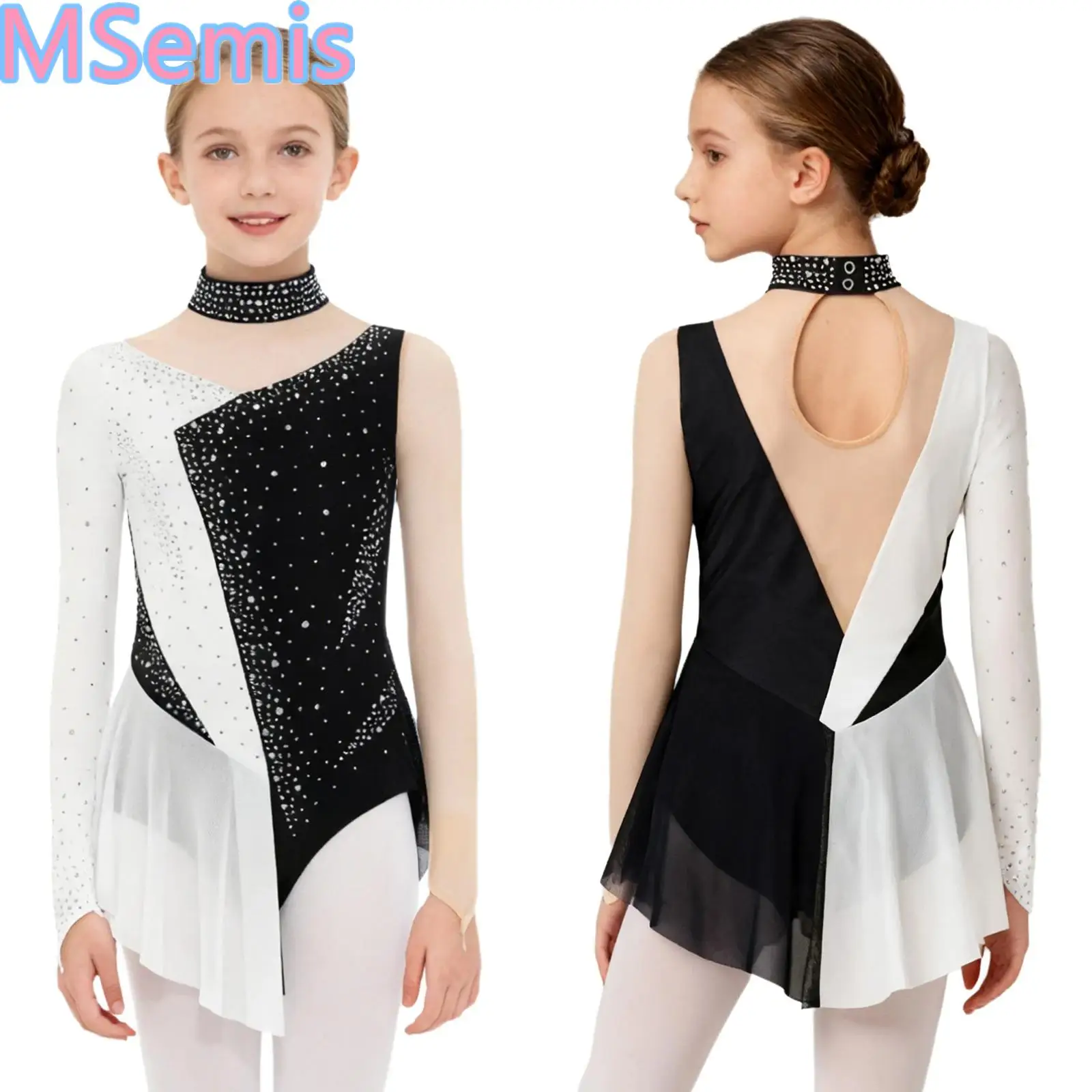 Girls Gymnastics Ballet Dance Costume Figure Skating Leotard Dress Long Sleeve Sheer Mesh Rhinestone Rhythmic Lyrical Bodysuit
