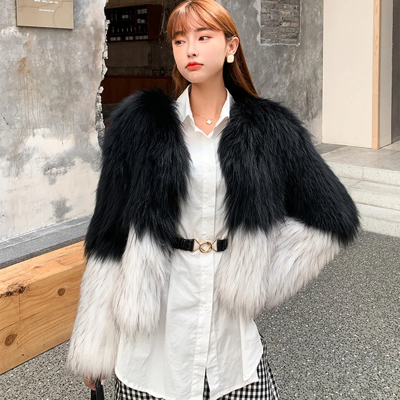 

Raccoon Dog Fur Coat Women Winter Korean Fashion Casual Black and White Contrast Color Stitching Real Fur Jackets Female