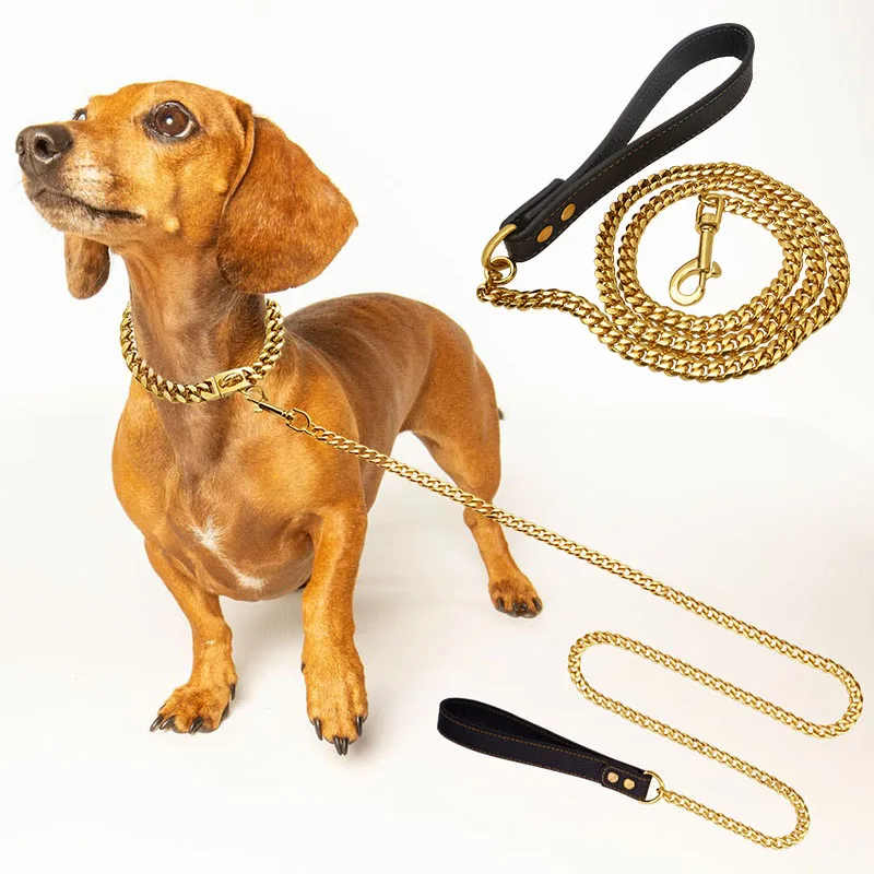 Metal Dog Leash Stainless Steel Chain 18K Gold Pet Lead with Soft Pu Leather Handle For Medium Large Dog Walking Training