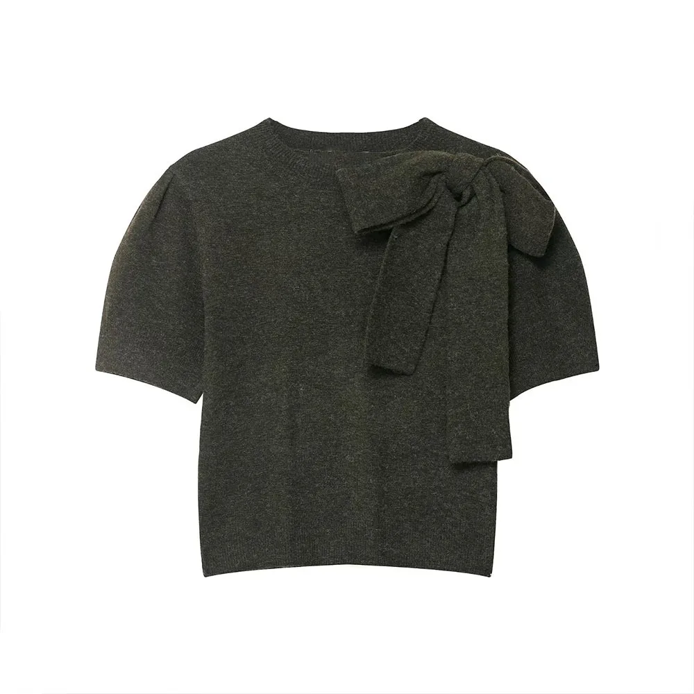 

женский вязаный пуловер с бантом и круглым вырезом, облегающий однотонный укороченный свитер с короткими рукавами, универсальный осенний новый женский топ