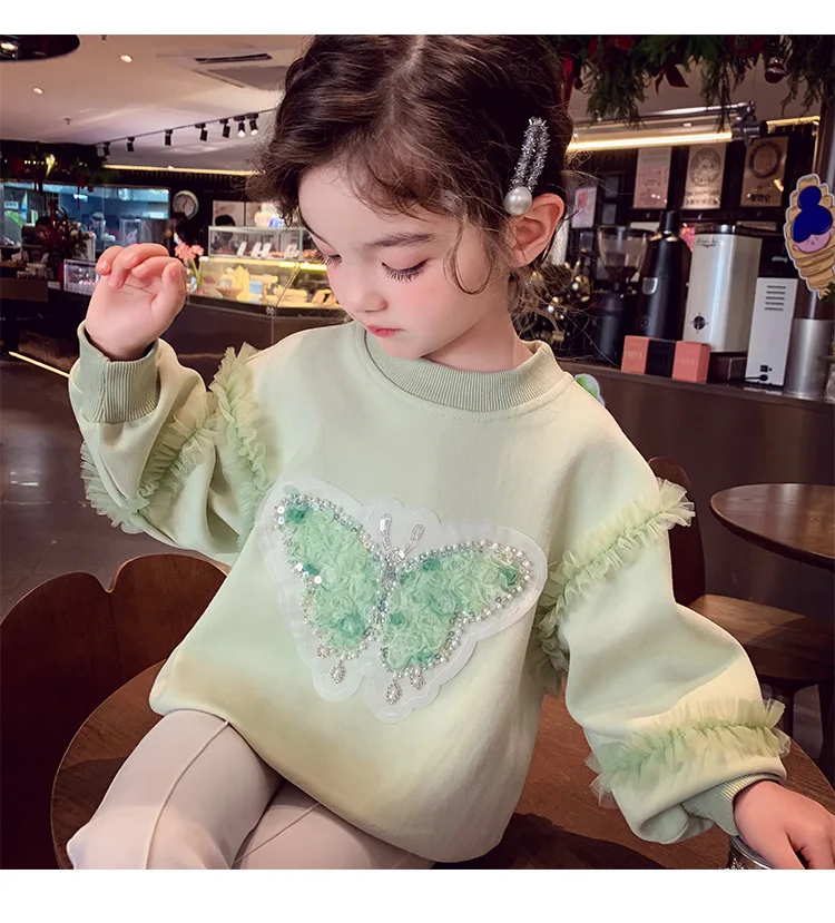 Herbst Kinder Mädchen Sweatshirts Schwestern Partnerlook Baumwollkleidung Pailletten Schmetterling Rüschenbesatz Langarm Rundhals Pullover Tops – Detail 15