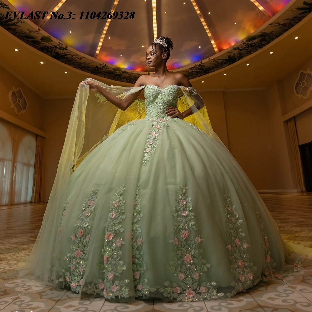 

EVLAST блестящее зеленое платье Quinceanera по индивидуальному заказу, бальное платье с 3D цветочной аппликацией и бисером, накидка Sweet 16, Vestidos De 15 Anos E3Q748