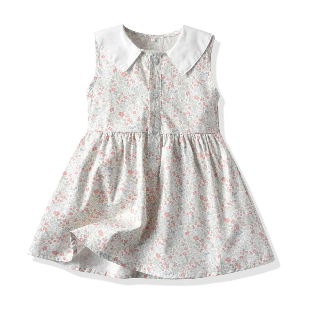 Vestido Floral de algodón para niños, vestido Retro francés sin mangas, cuello de Polo pequeño, primavera y verano, 2023