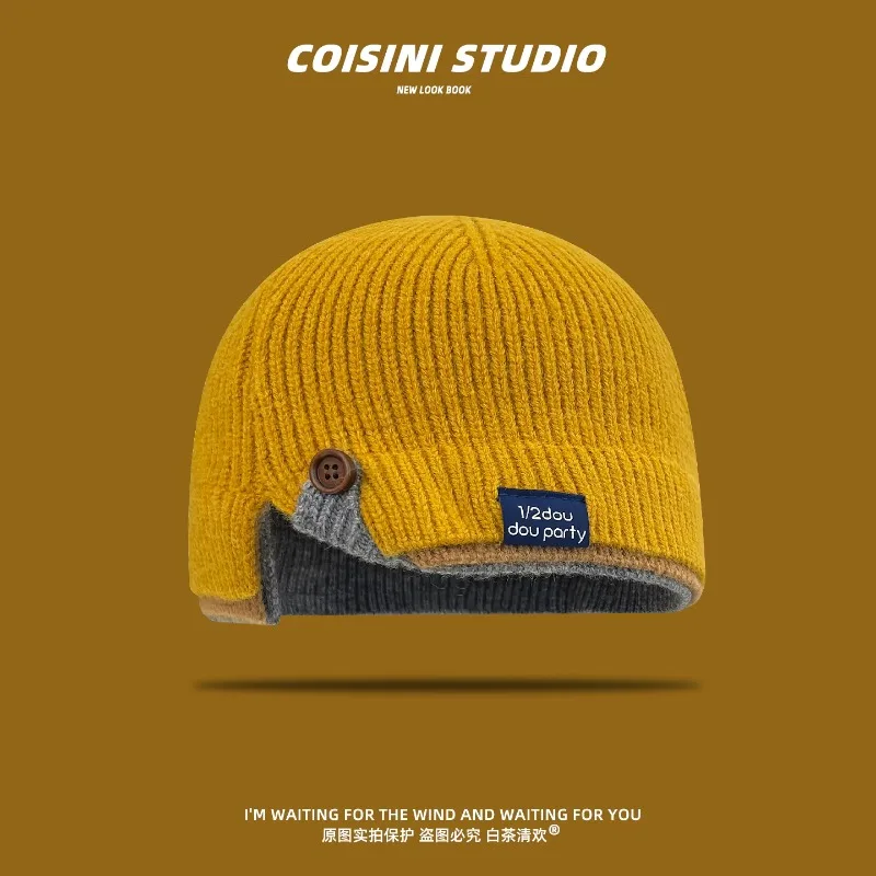 Men Women Ribbed Knit Beanies Flip‑Ear Knitted Hats with Button Decor Double‑Layer Warm Winter Windproof Short Skull Caps