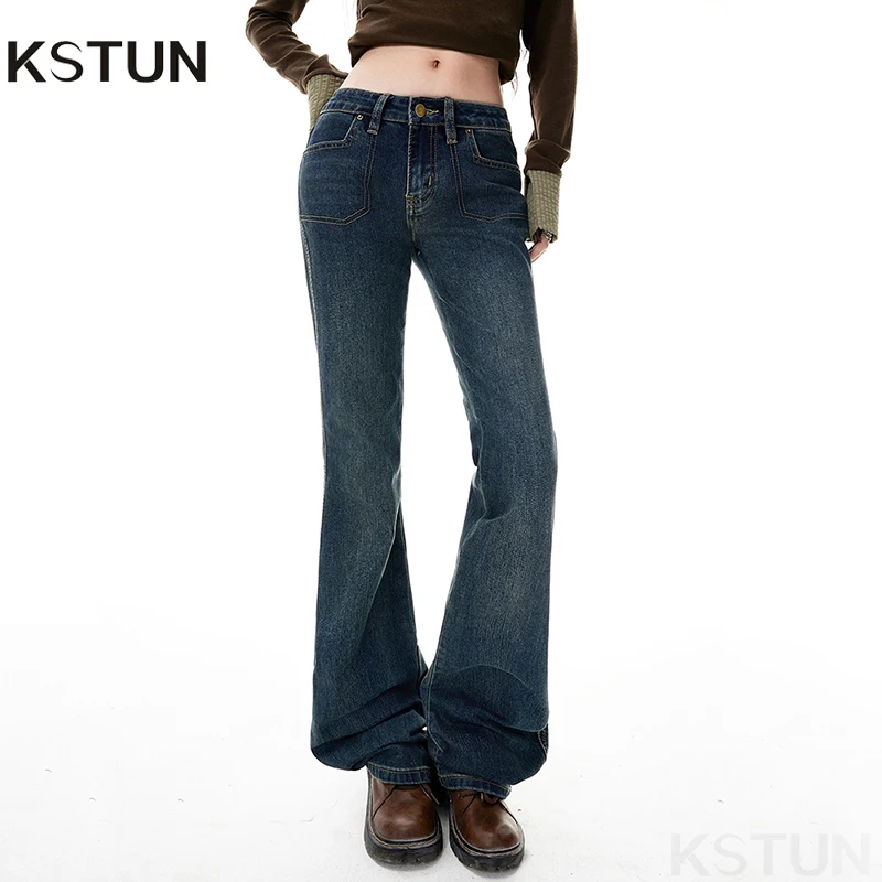 

KSTUN American-style Retro Low-rise Hipster Slim-fit Flared Jeans for Women Stretchy Versatile Style Denim Pants Casual Trousers