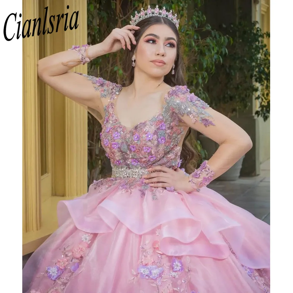 Vestidos de princesa rosa para quinceañera, vestidos de manga larga con cordones florales 3D y cuentas para años xv 2023