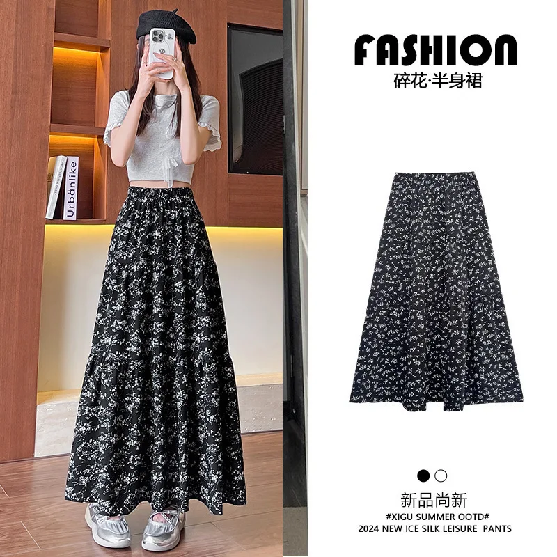 Floral Print Midi Skirt Women High Waist Vintage A-Line Swing Skirt Black White
