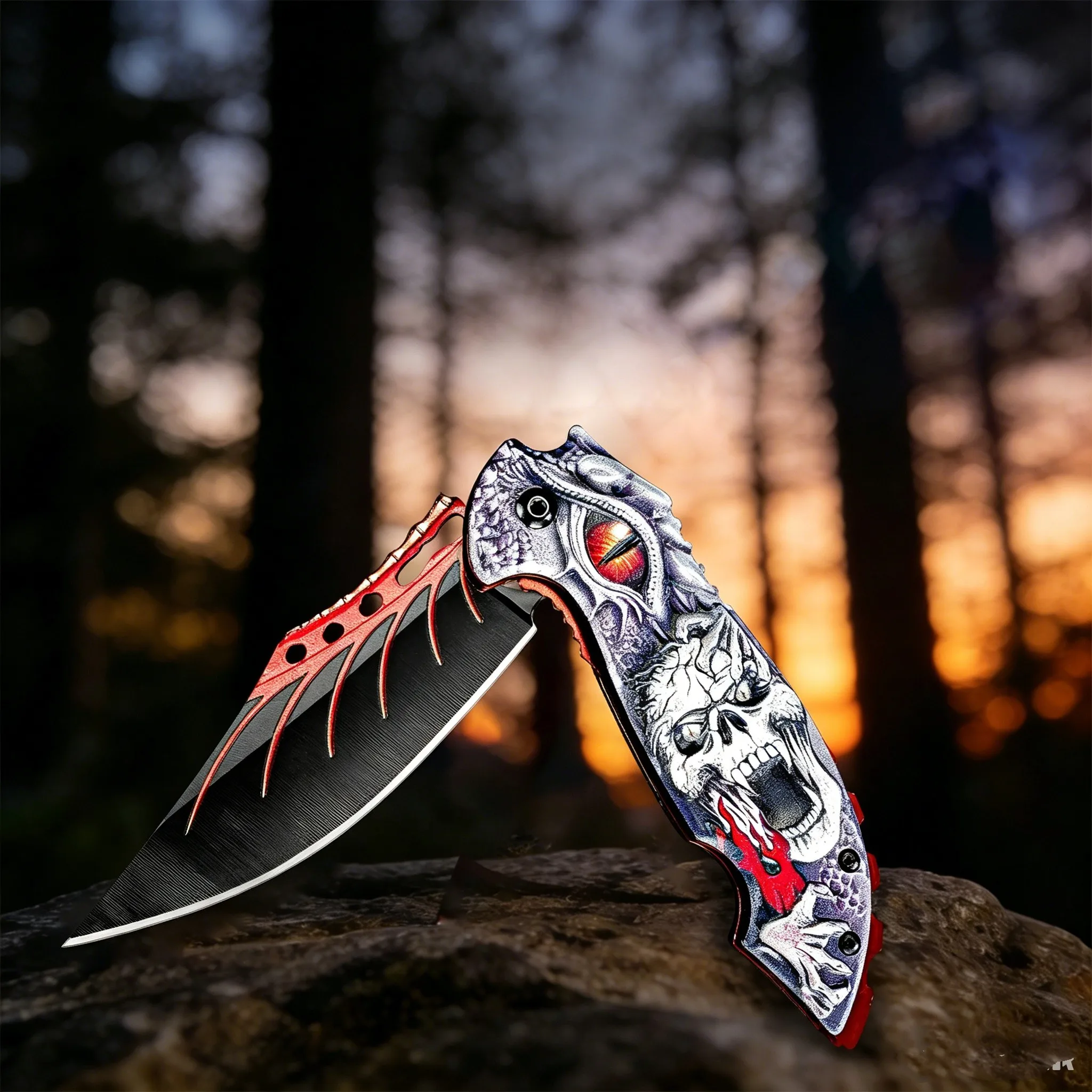 This Outdoor Folding Knife Features a Cool 3D Ghost Head Pattern Design and Is a Portable Everyday Carry Folding Knife. The Handle Offers a Comfortable Grip with Reliable Anti-Slip Performance. This Outdoor Tool Is Ideal for Outdoor Activities Such as Cam