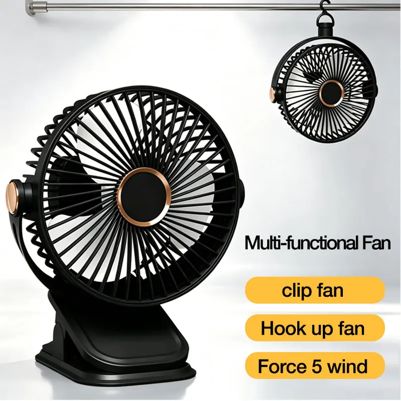 Portable 5 Levels 1200mAh Table Edge Clip Cooling Fan with Hook Ceiling Fan for Home Office Adjustable Angle Air Cooling Fans