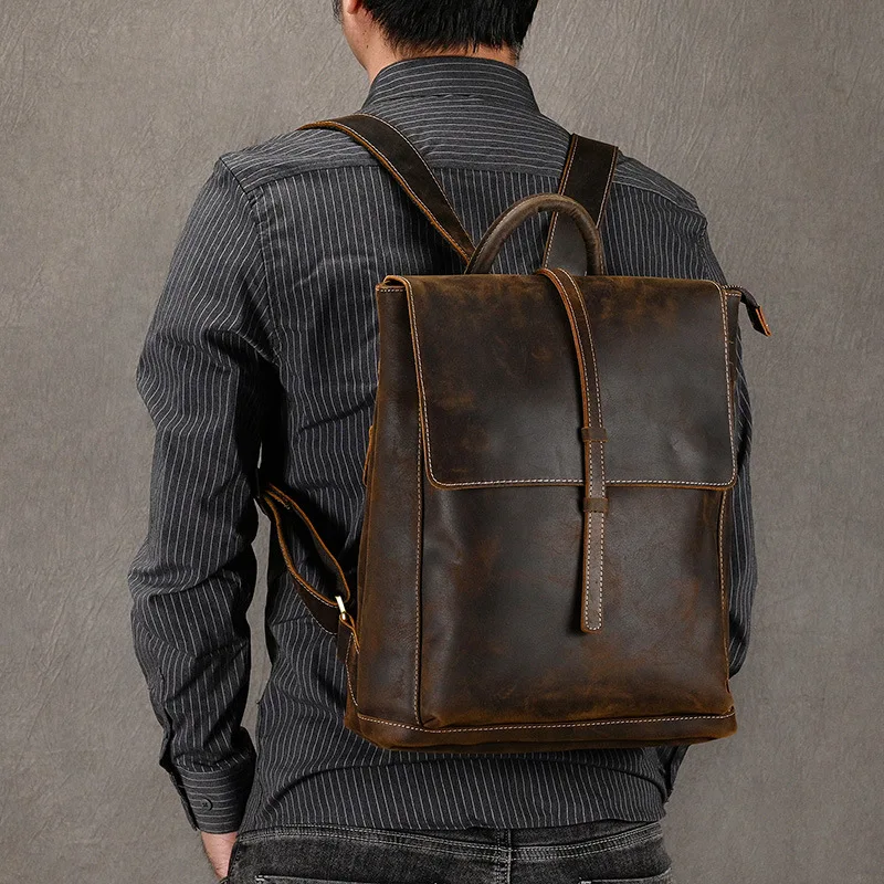Backpack Vintage Crazy Horse Leather Unisex 15 Inch Laptop Bag Top Grain Leather Flap Commute Travel Bag Unisex Travel Backpack