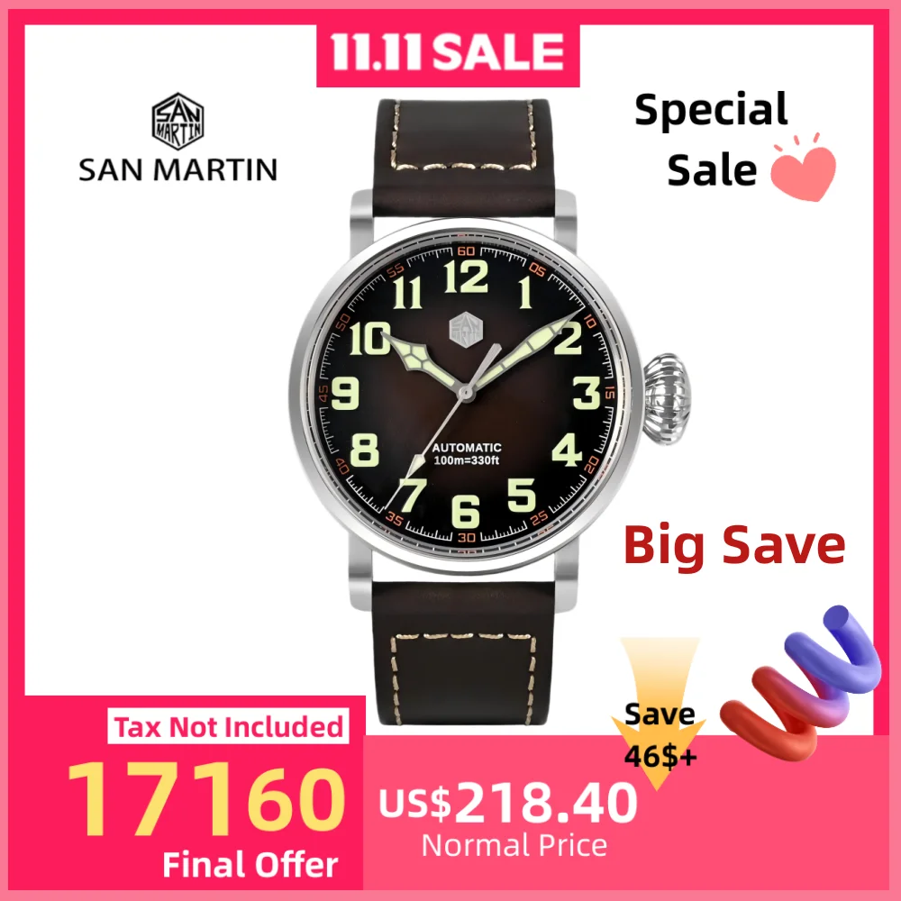 

San Martin 40/45mm Bronze Mechanical Wristwatch Men Automatic Watch Pilot YN55A 10Bar Luminous Sapphire Classic Luxury SN0095
