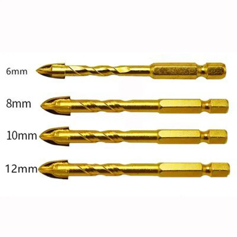 

4pcs 1/4" Hex Shank Twist Glass Bits Titanium Ceramic Drilling Drill Set 6 8 10 12mm Tile Concrete Cross Tip Hole Bit 02016
