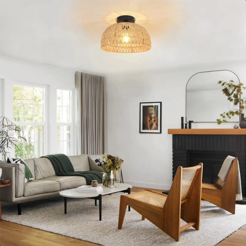 Natural Bamboo Ceiling Chandelier Hanging Lamp Handmade Rattan Fixture Weaving Home Living Room Decor Ceiling Pendant Light