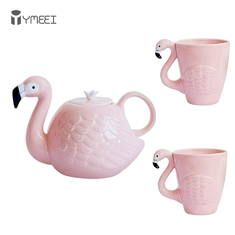 YMEEI Creative Flamingo Teapot Set Ceramic Teapot With Handle Cute Animal Mark Cup Pink Porcelain Tea Pot Teaware Drinking Tools