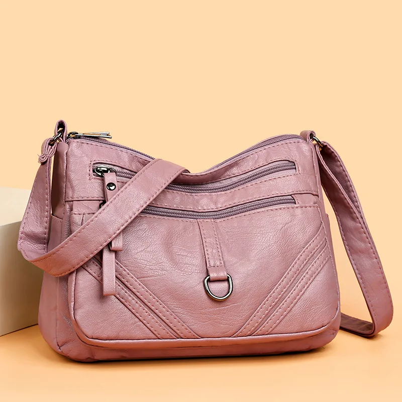 Solid Color PU Leather Women's Handbags Waterproof Large Capacity Shoulder Messenger Purse for Middle Aged Mom Multi-Pocket Bags