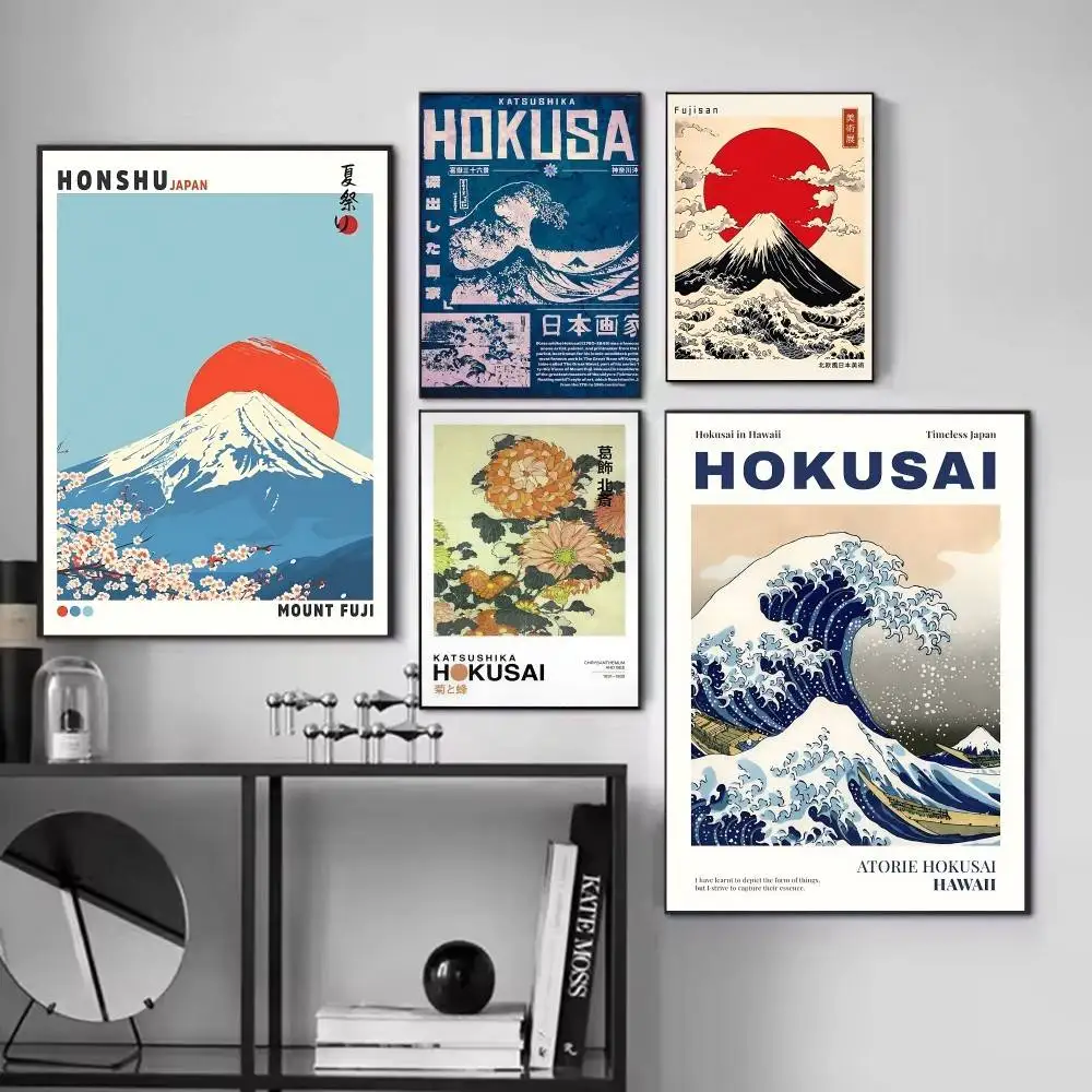 Mount Fuji Sunrise Wave Landscape Japanese H-Hokusai Posters Fancy Wall Sticker for Living Room Bar Decoration Wall Decor