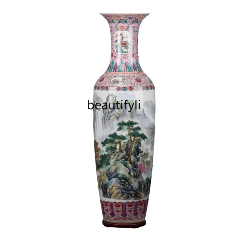 xxxPowder Doped Color Decorated Porcelain Shanshui Floor Vase Home Living Room and Hotel Company Opening Gifts Big Decorations