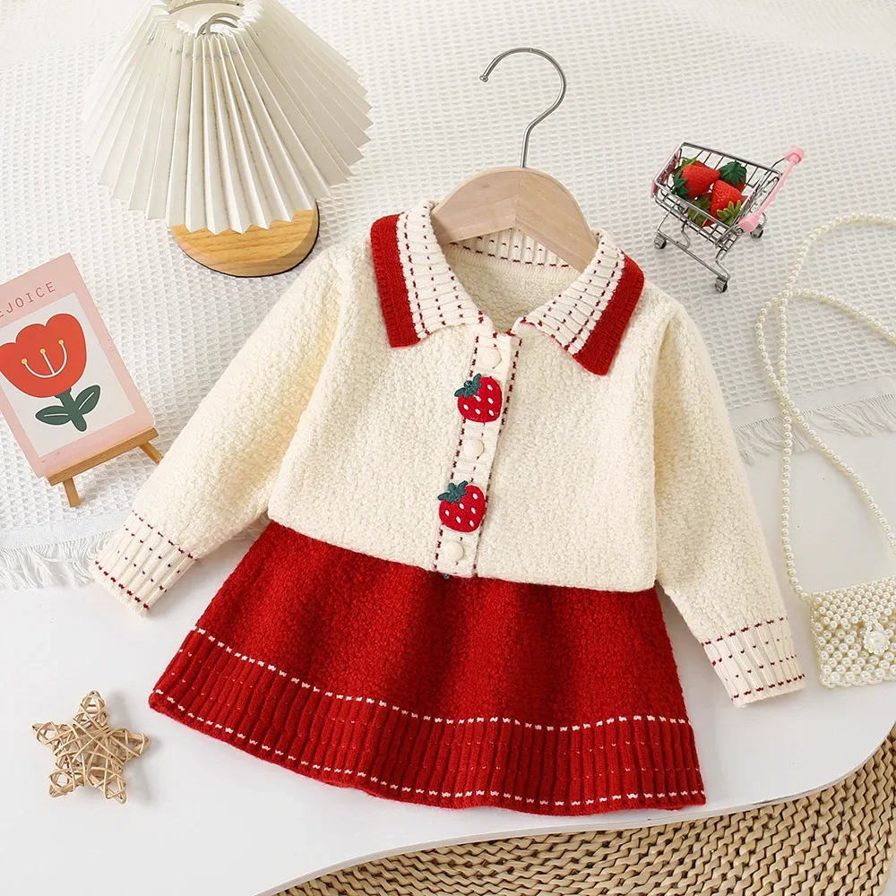 Children's Clothing Sets Strawberry Embroidery Knitted Top + Skirt Christmas Sweater Winter Baby Girl Clothes Pullovers for Kids