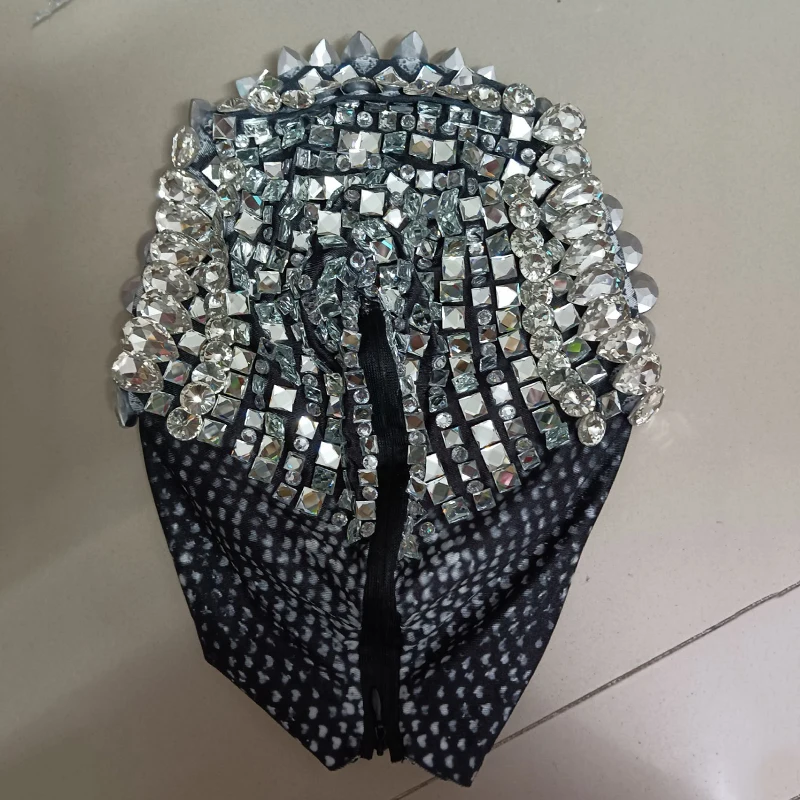 قناع لامع غطاء رأس حجر الراين أغطية الرأس العضلات النساء رجل قناع المغني كريستال الأحجار قبعة مفتوحة العين مرحلة الأداء الملحقات #6