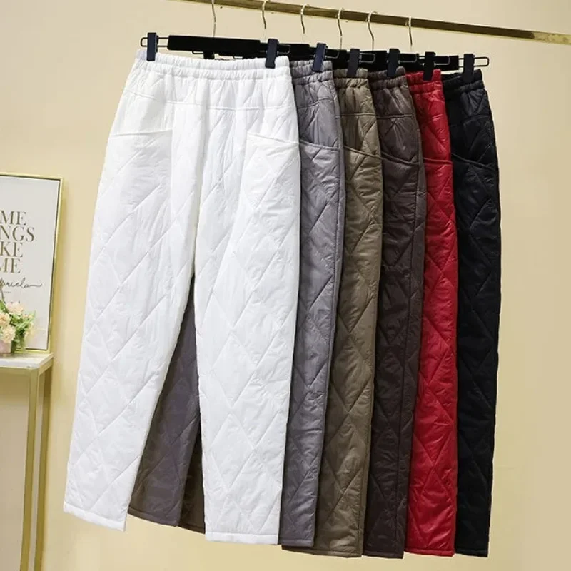 Large Size Lightweight Down Cotton Pants Women's Straight Diamond  Harem Pants Warm Straight High Waist Quilted Pants EERF