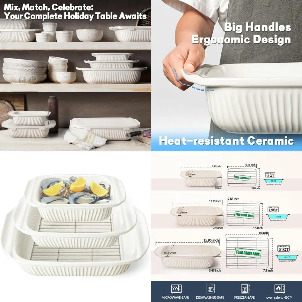 

Oven-Safe Ceramic Baking Set, 3-Piece Rectangular Casserole Dishes, White (5.1Qt, 2.3Qt, 1.1Qt) with Rack