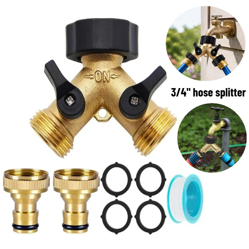 Garden Hose Splitter Suitable for 3/4" Heavy Duty 2 Way Solid Brass Water Hose Y Splitter 2 Valves with 4 Extra Rubber Washers