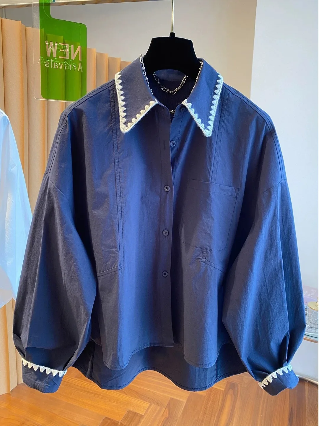 Coreano Sle Lungo Sve Ricamato Colore Colletto Blo irt Donna Inizio Autunno Allentato Dimagrante Top Cotone Poliestere Materiale