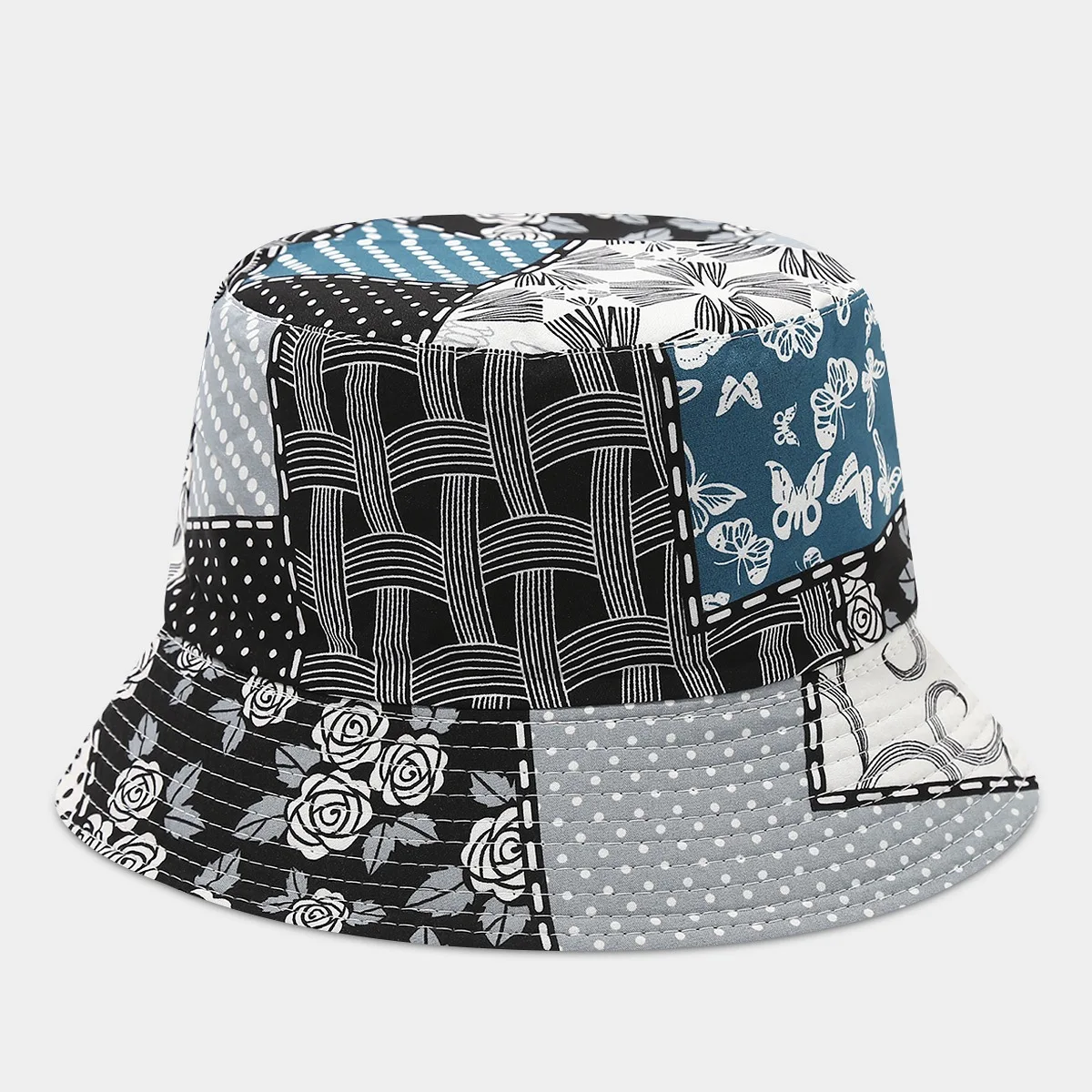 Faltbarer Bucket Hat für Damen mit breiter Krempe, geometrischem Muster, Sonnenschutz für Frühling und Sommer, Outdoor-Freizeithut für Gartenarbeit und Reisen