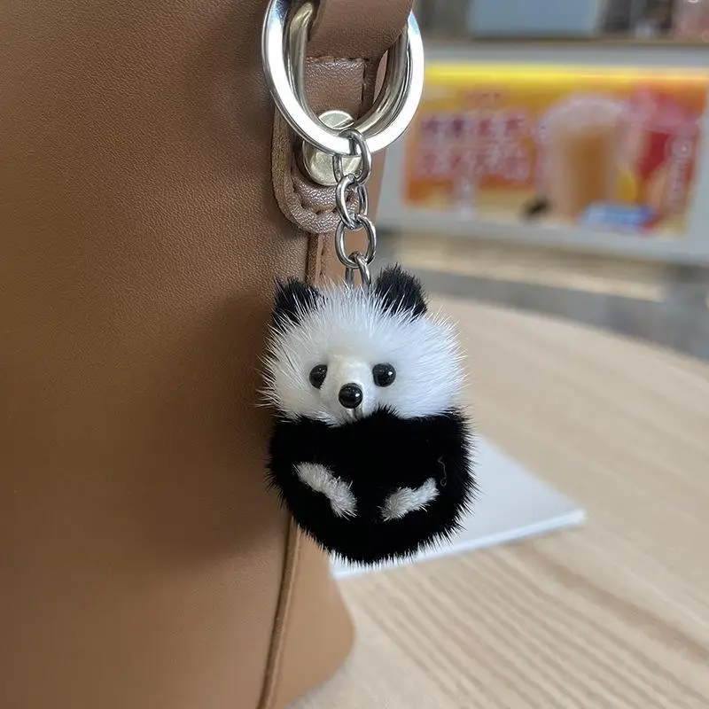 Korean Style Kawaii Panda Keychain Soft Mink Fur Mini White Stuffed Animal Plush Bag Pendant Keyring