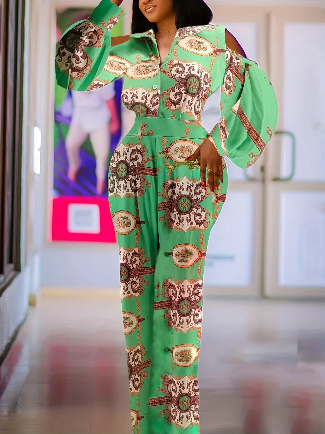 M3218 European and American Cross-Border Ebay Women's Off-Shoulder Lantern Sleeve Green Digital Print Jumpsuit