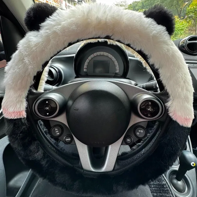 Winter Warm Plush Car Steering Wheel Cover with Cute Panda Ears Non-Slip Silicone Particles elastic for 36-38cm O or D-type