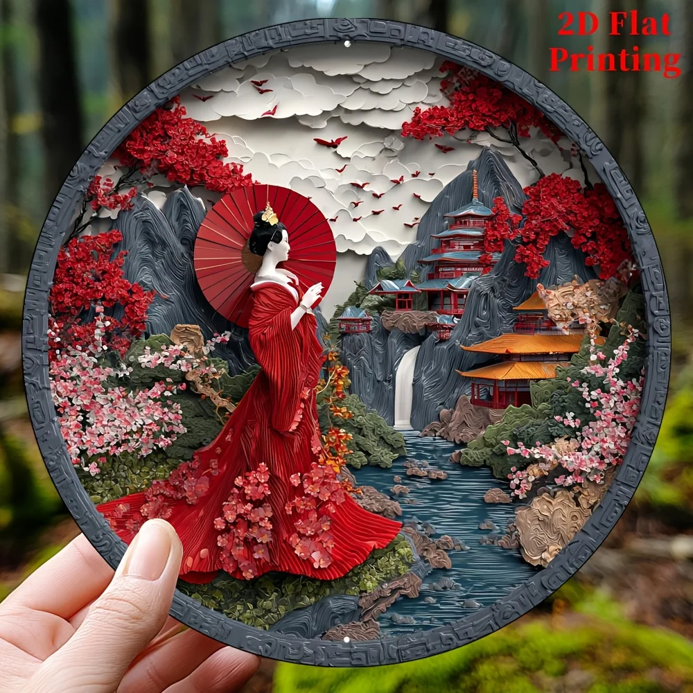 Waterproof & Rust‑Proof Aluminum Wall Art, Girl Under Umbrella Sakura Tree Sign for Home Kitchen Yard Office, CIFBUY