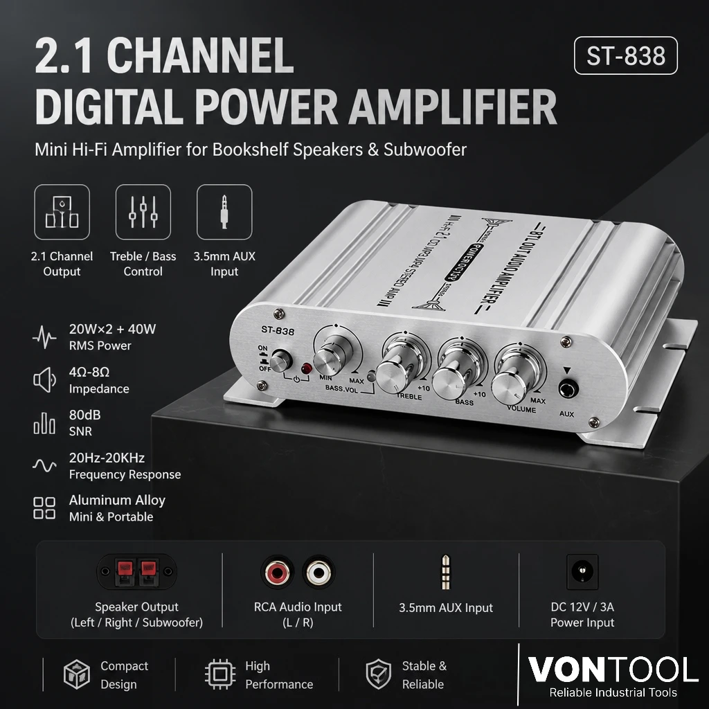 

VONTOOL ST-838 2.1 Channel Digital Power Amplifier 20Wx2+40W Hi-Fi Mini Audio Amp with AUX Input for Home Speaker