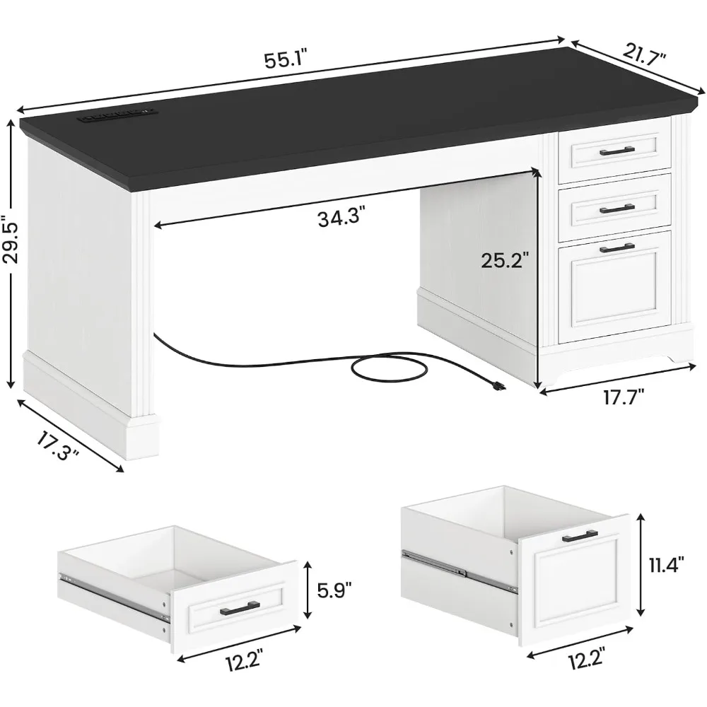 Computer Desk with Storage Drawers, Farmhouse Desk with Power Outlet for Home Office