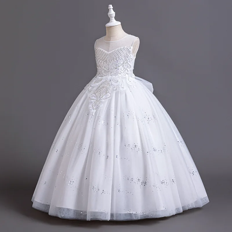 Luxury Children's Wedding Bridesmaid White Formal Dress for Girls Fluffy Tulle Elegant Party Graduation Christening Gala Dresses