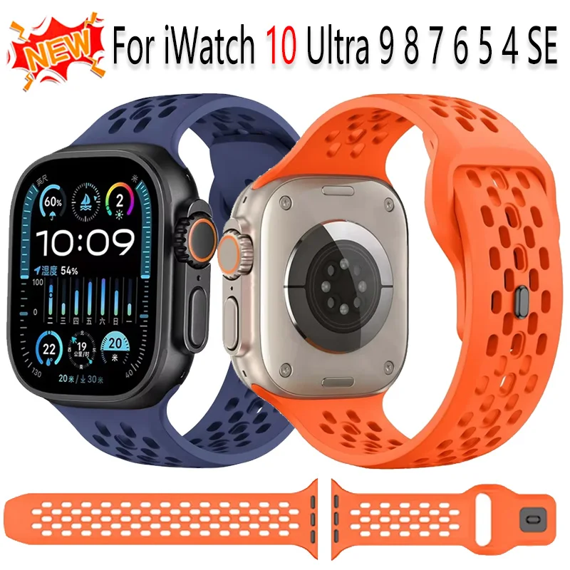 

Silicone Strap for Apple Watch Band 46mm 45mm 44mm 42mm 49mm 41mm 40mm Breathable bracelet Wristband iWatch 10 Ultra 9 8 7 6 SE