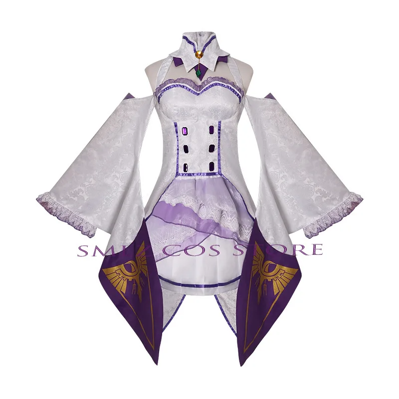 Emilia Cosplay Anime Re Zero Kara Hajimeru Isekai Seikatsu Costumes White Uniform Dress Wig Set Halloween Party Outfit for Woman