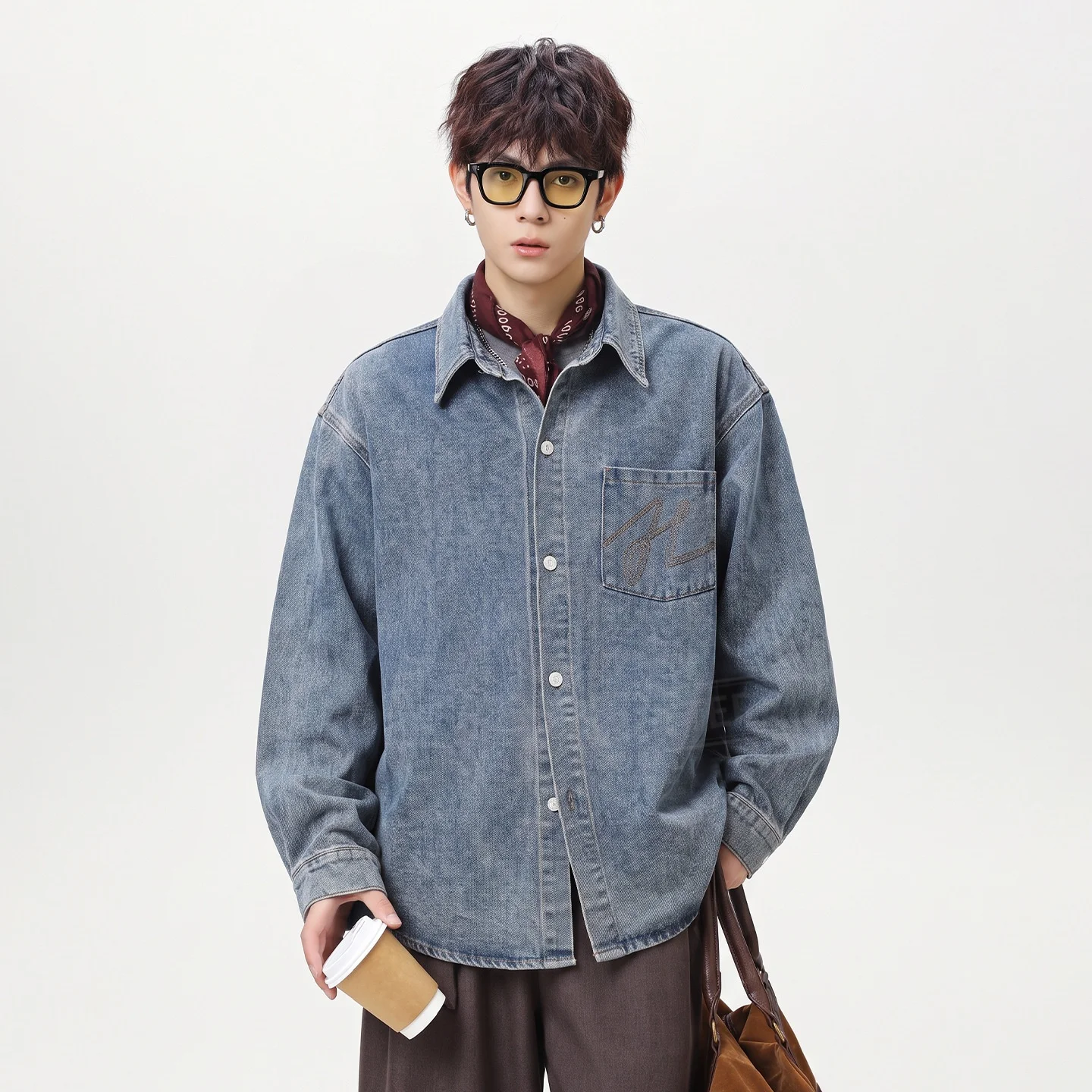 TFETTERS 2026 Men Japanese Vintage Washed Denim Shirt Autumn Campus Commute Simple Letter Embroidery Long Sleeve Blouse Man