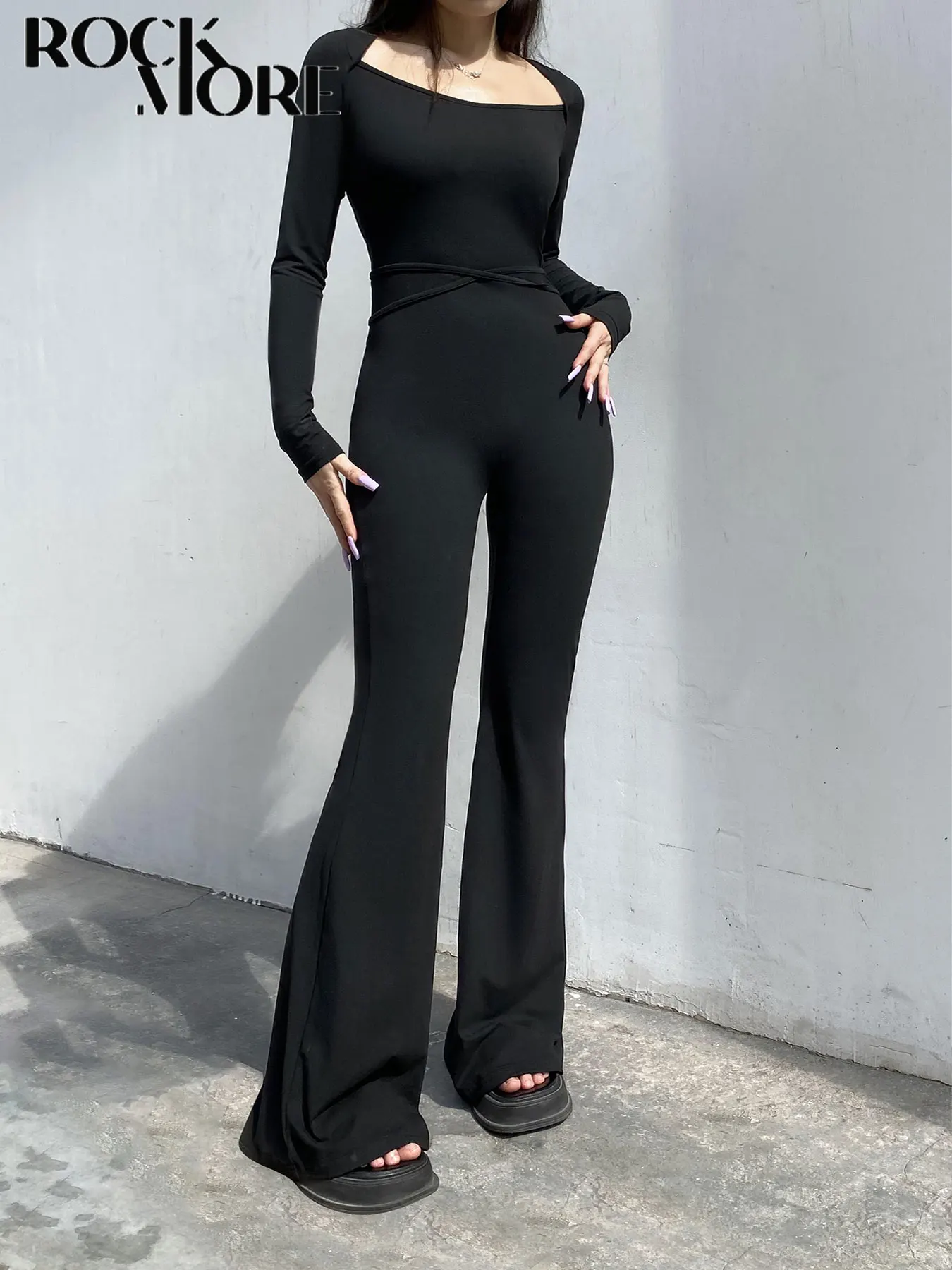 

Rockmore Slim Solid Low-Cut Backless Strappy Tight Jumpsuit Long-sleeved Women Bodysuit Sexy Long Romper High Street One Piece