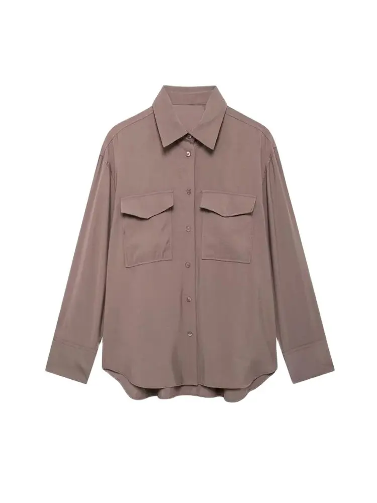 Flowing Shirts with Pockets for Women, Long Sleeve, Button-up, Female Blouses, Chic Tops, Fashion
