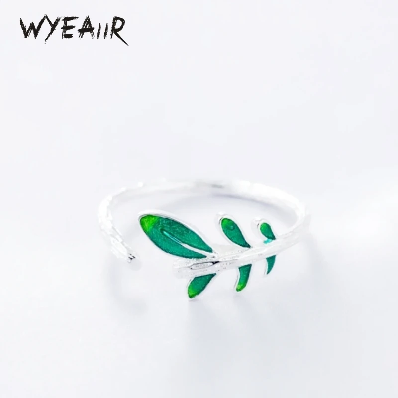 WYEAIIR 925 Sterling Silver Literary Fresh Leaves Green Drops Glaze Branches Cute Fine Jewelry Resizable Opening Female Ring