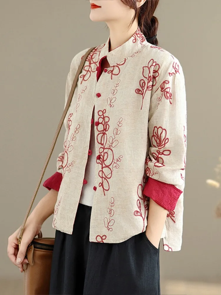 

Новый китайский двухсторонний хлопковый льняной тюре с вышивкой, женский весенне-осенний уникальный изысканный открытый кардиган для чайного сервиза...