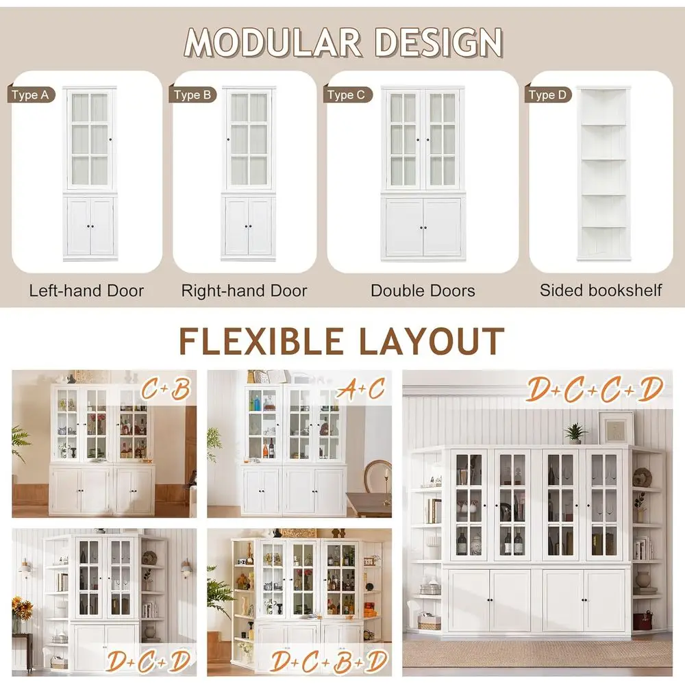 75 Tall White Glass Door Kitchen Pantry Cabinet with Shelves for Storage, Coffee Bar Hutch, Living Room, and Bar view 3