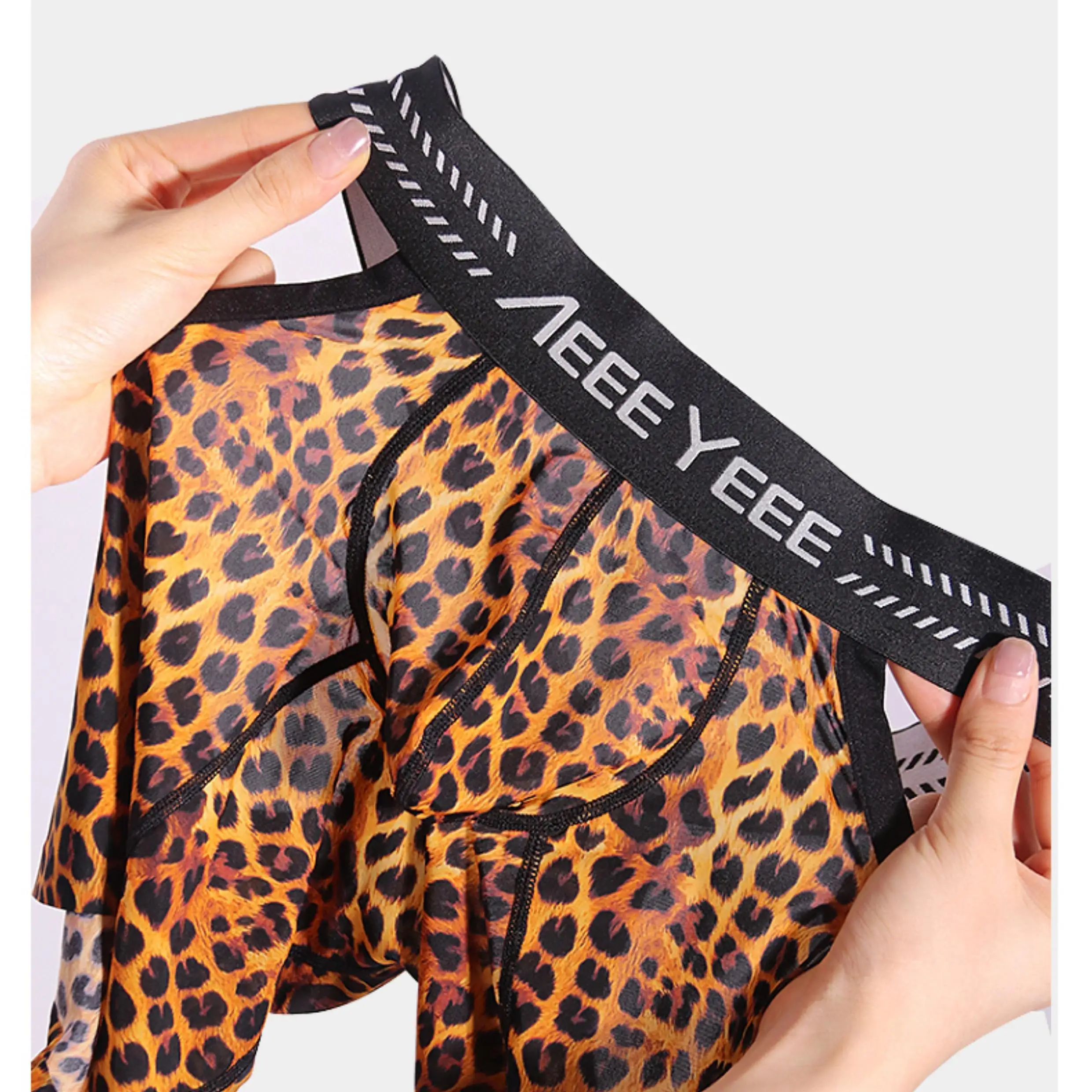 Men's underwear boxer shorts lengthened anti-friction leg ice silk sexy breathable leopard four corner bottoms