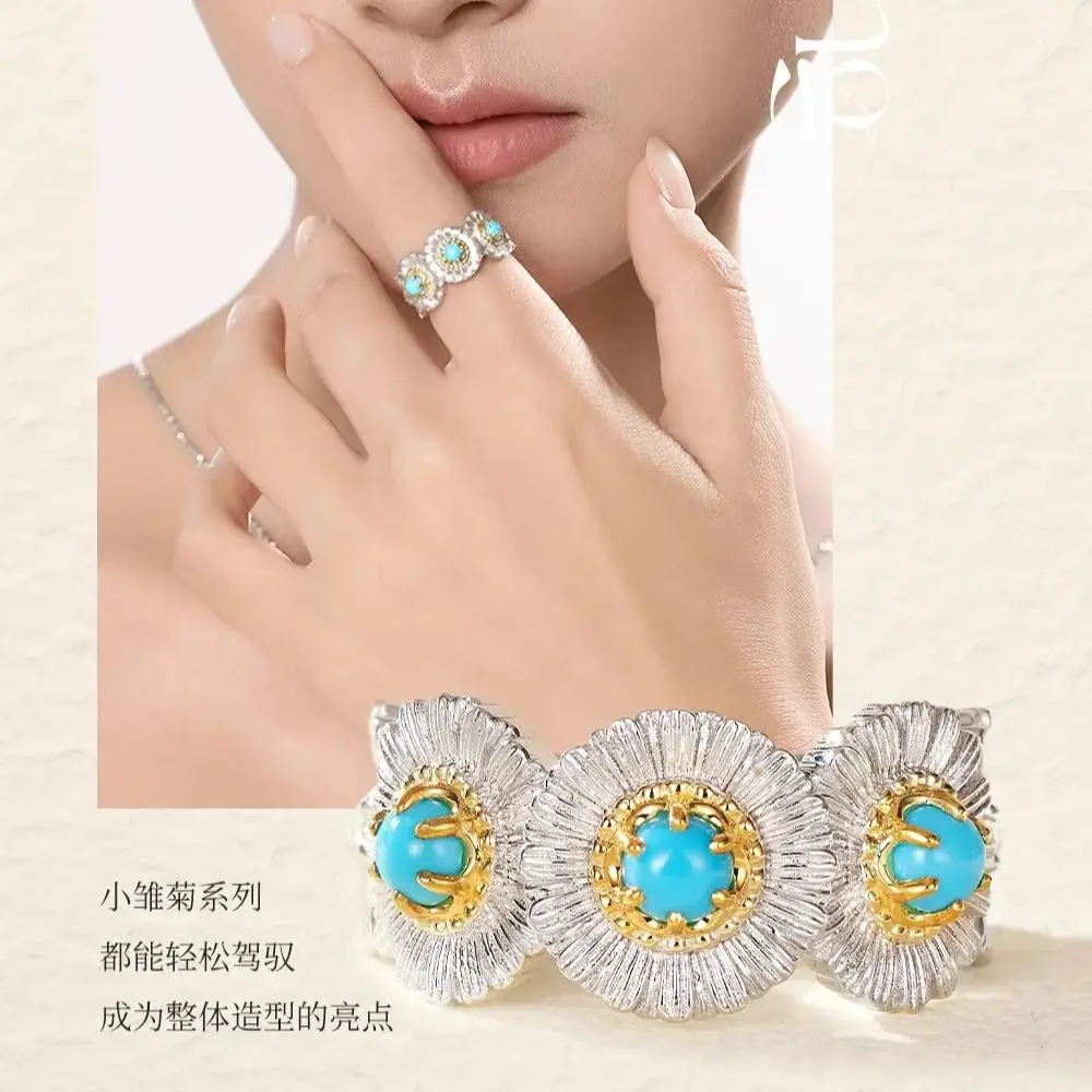 Daisy Series PT950 Turquoise Ring Pendant Necklace Earrings Fashion Luxury Set Gift