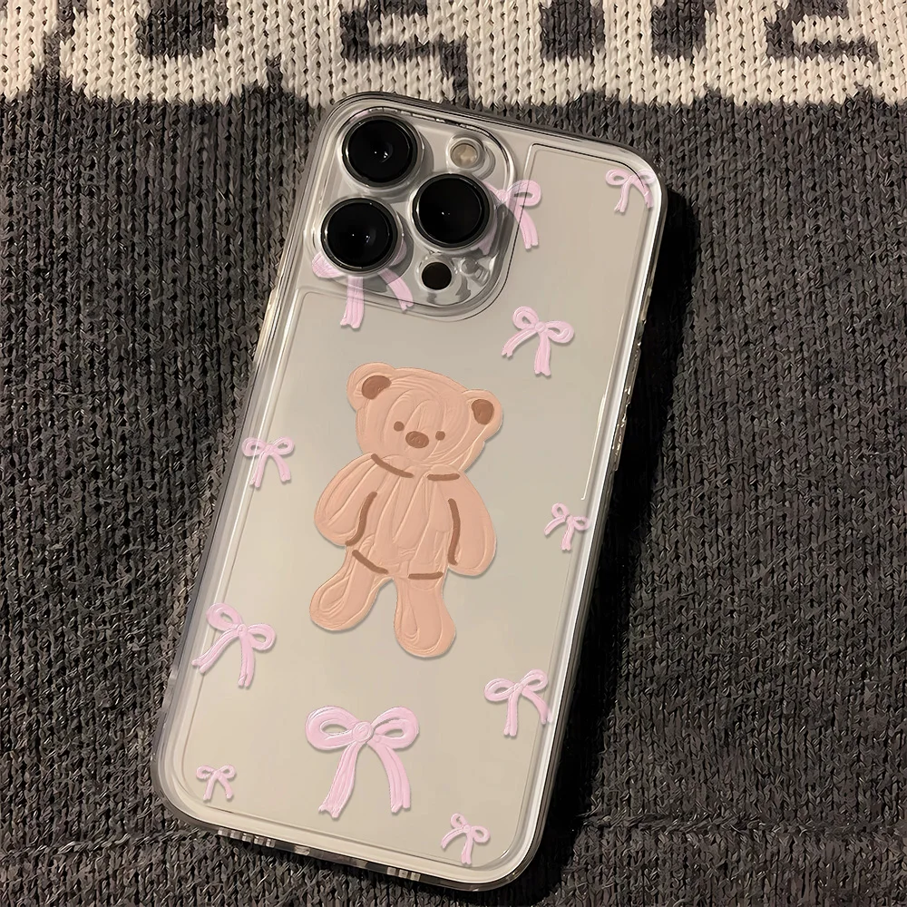Bear Cute Pink Bow Phone Case For iPhone 13 Case iPhone 11 12 14 15 16 Pro Max XS XR 7 8 Plus SE2020 Silicone Soft Clear Cover