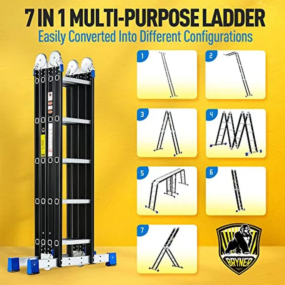 Escalera de extensión de aluminio multiposición, 19,6 pies, 7 en 1, andamio telescópico, Kit de soporte antideslizante resistente, 1200 libras