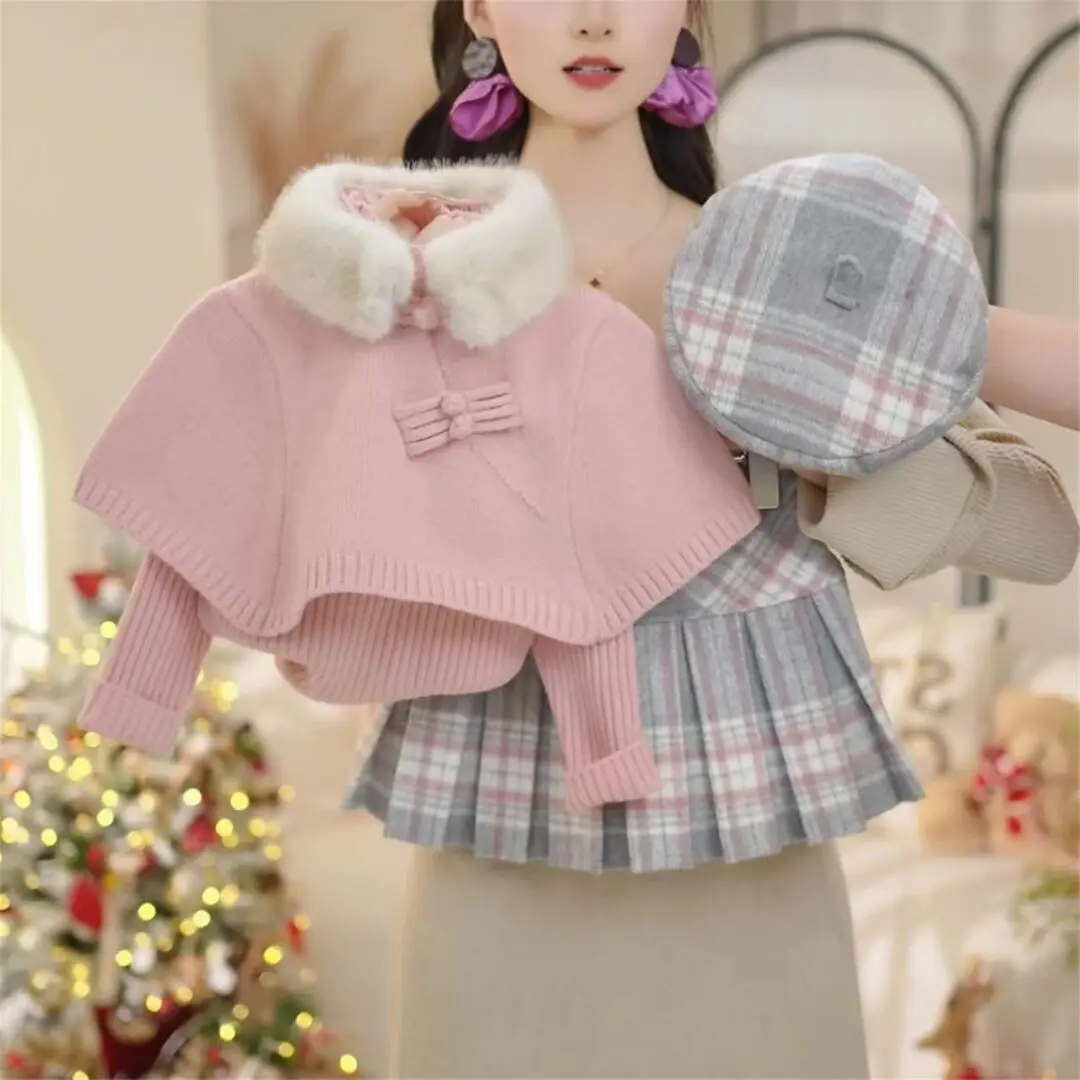 Girls Sweater Set 2026 Autumn Winter New Versatile Baby Warm High Neck Knitted Base Sweater Top Plaid Skirt Two Piece Set
