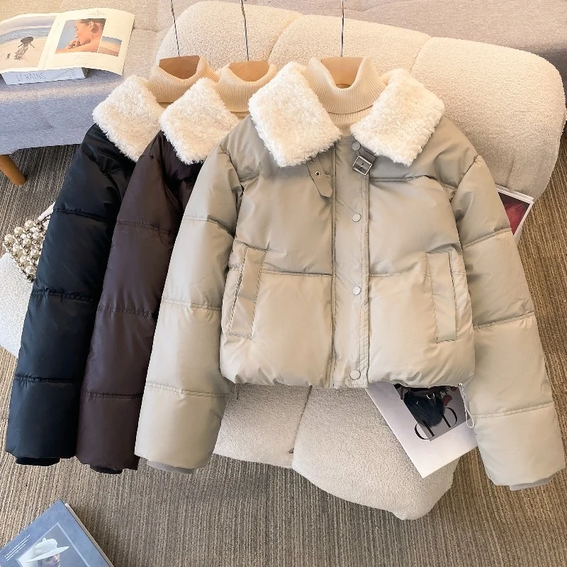 

Женская зимняя искусственная кожа, хлопок Jaet ort Sle, воротник с мехом ягненка, лоскутное шитье, прочная застежка-молния, Thiened Long Sve