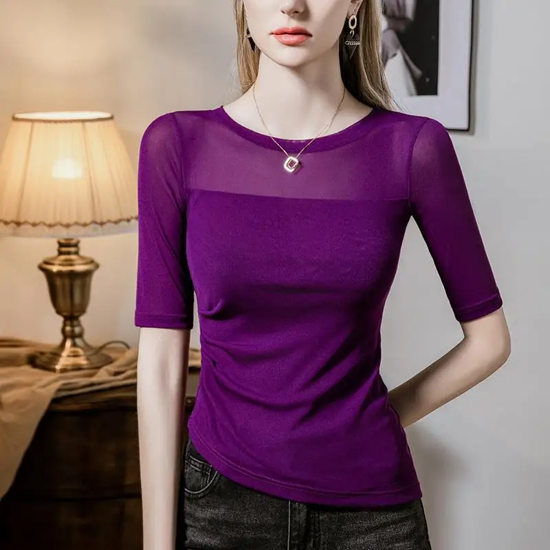 

Women's Me Bot irt Splicing Sle Slim Fit Lace Top Nylon Fabric Five Sve Color No Brand Registered Trademark